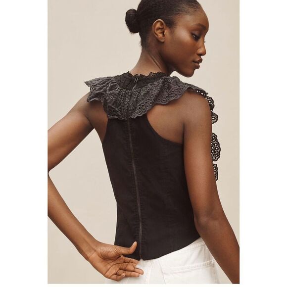By Anthropologie Eyelet Ruffle Black Bib Tank - Picture 3 of 8